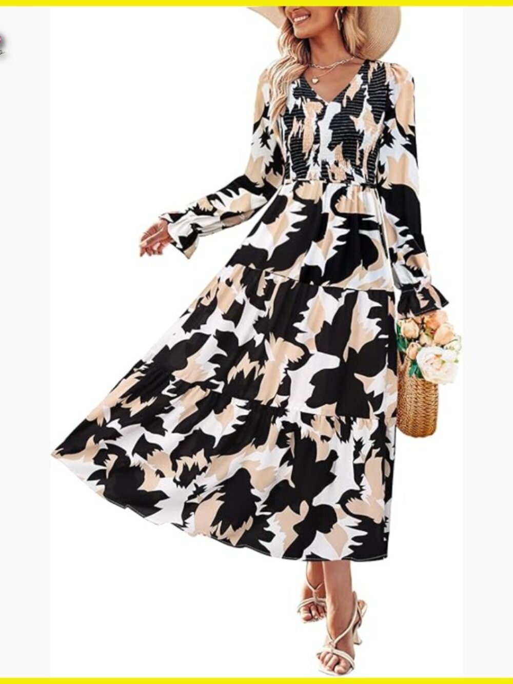 Floral Boho Maxi Dress Long Sleeve V Neck A Line Flowy Wedding Guest